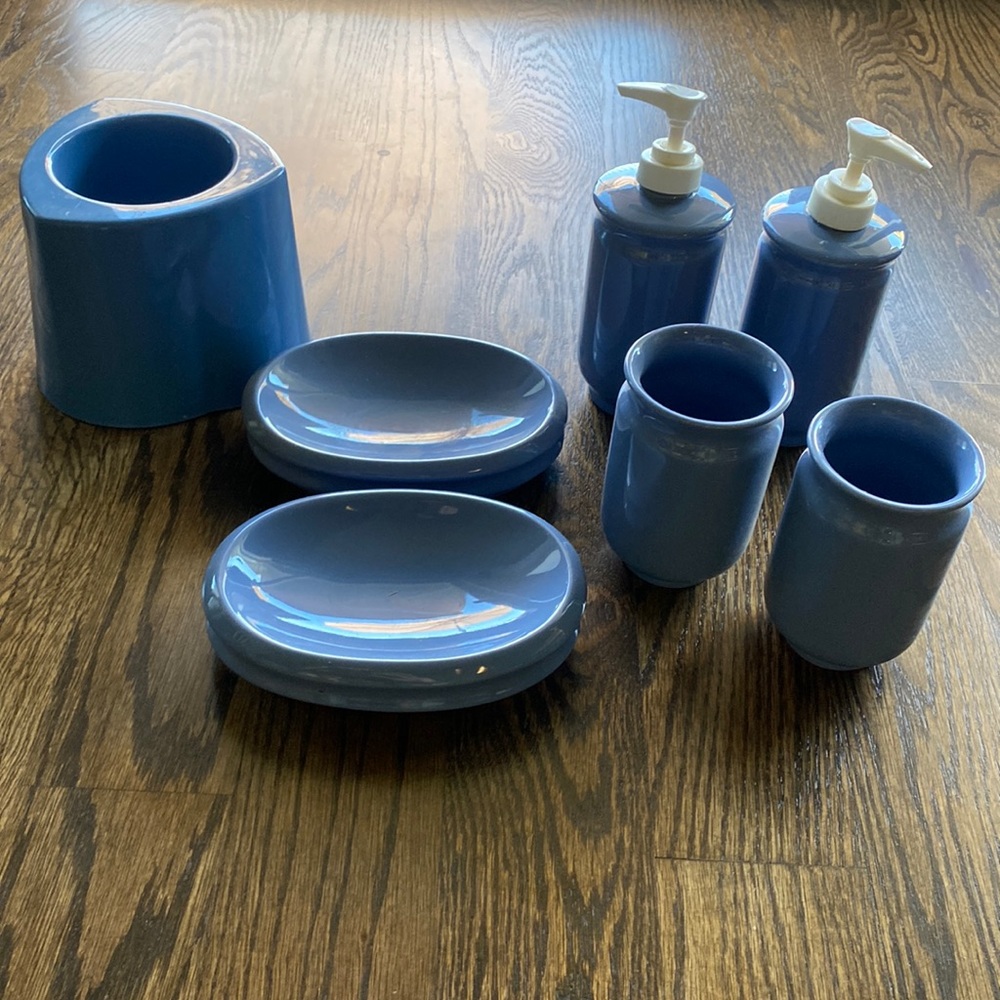 Springs ceramic smoke blue cups, lotion dispensers, soap dishes & t.brush stand